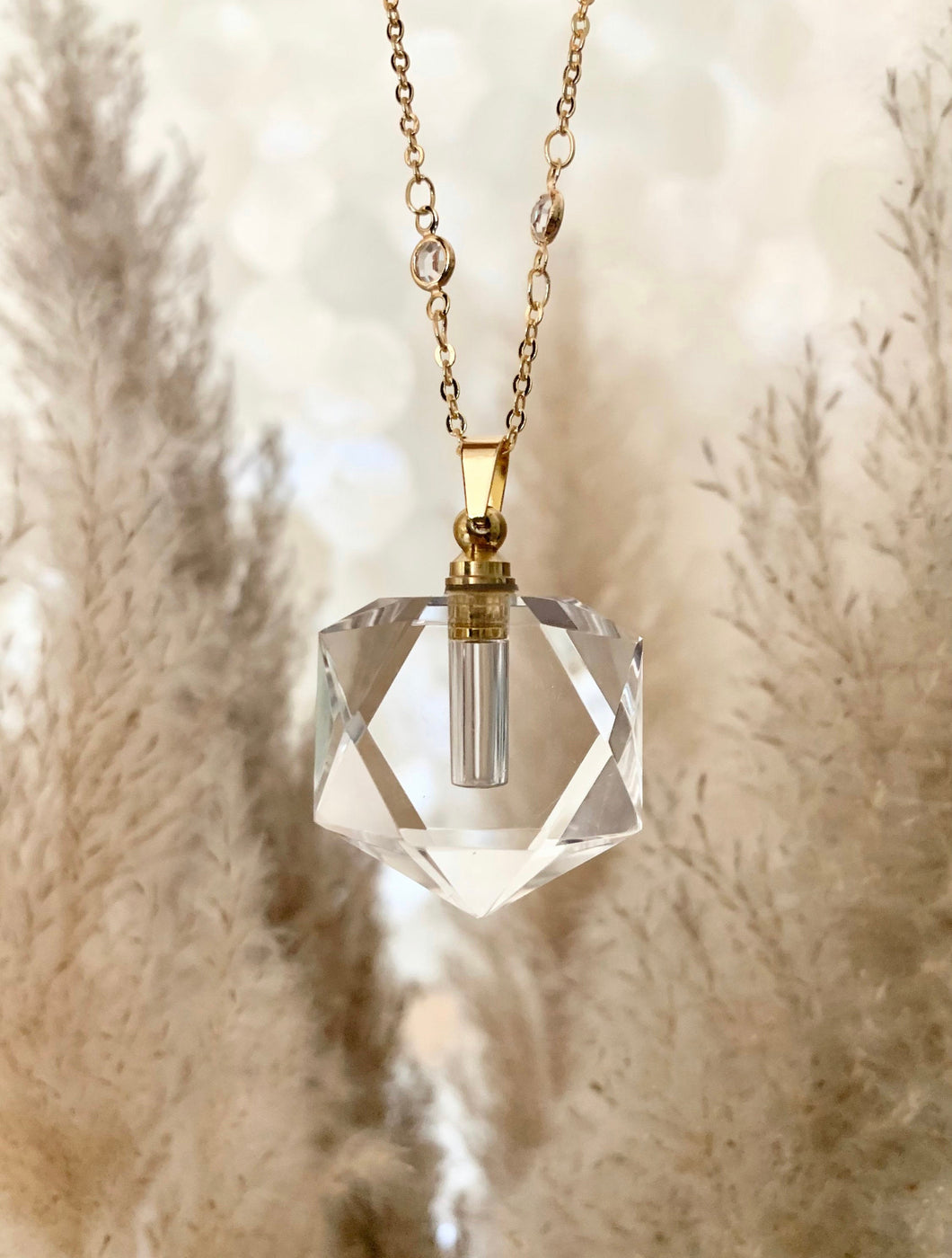 Hexagonal Crystal Quartz Essential Oil Necklace